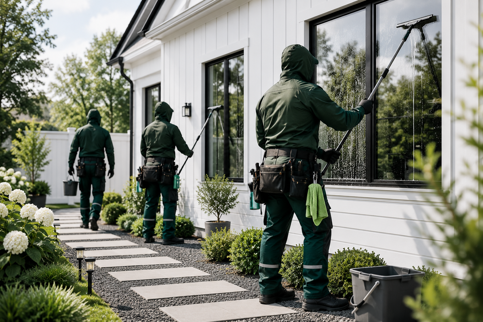 Crew washing house exterior